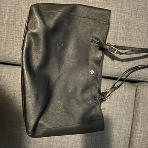Tory Burch Black Leather Shoulder Tote with Gold Hardware